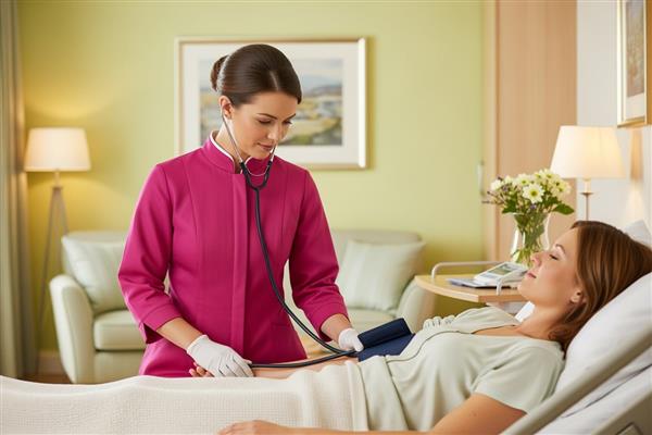 Enfermera con uniforme fucsia tomando presión arterial a paciente en cama